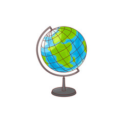 World globe map from Africa and Europe side isolated on white background. Colorful hand drawn cartoon element of Earth sphere model - school or university geographic supply. Vector illustration.