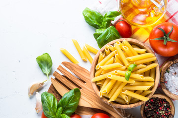 Food cooking ingredients background on white top view.