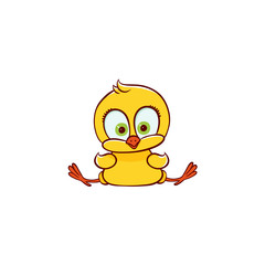vector flat cute baby chicken yellow small funny character chick sitting. Flat bird animal, isolated illustration on a white background, poultry, farm kids design object.