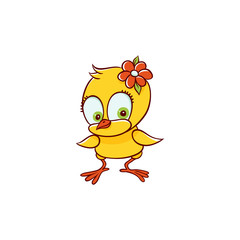 vector flat cute baby chicken yellow small funny female character chick with flower in hair. Flat bird animal, isolated illustration on a white background, poultry, farm coloring book design object.