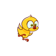 vector flat cute baby chicken yellow small funny character chick learning to fly. Flat bird animal, isolated illustration on a white background, poultry, farm kids design object.