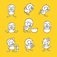 vector flat cute baby chicken small chick monochrome set. Birds hatching from egg animal male, female characters having fun skateboarding running standing flower in hair illustration yellow background
