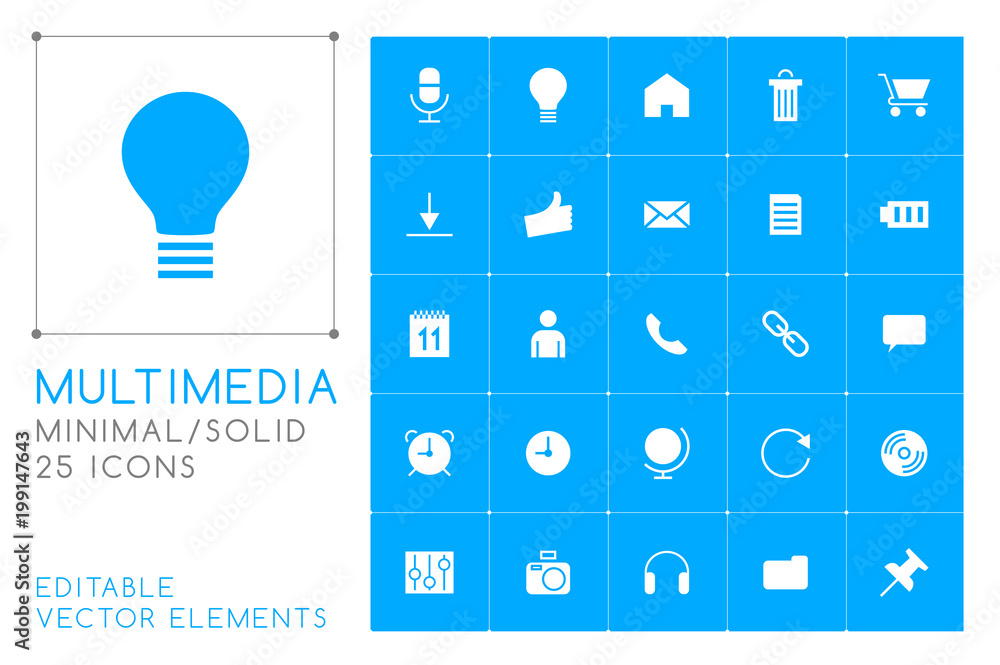 Poster set of 25 universal multimedia icons on color background . isolated elements