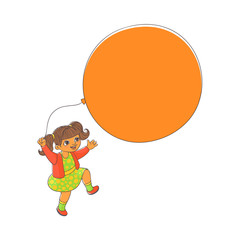 Cute little girl with ponytails playing with big balloon, hand-drawn vector illustration isolated on white background. Happy girl, child, kid playing with balloon, may be used as a place for text