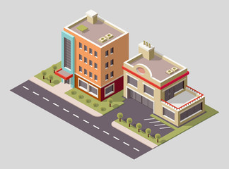 Vector isometric icon or infographic element representing low poly factory building and industrial structures. Building 3d icon