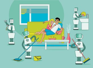 Robots doing housework - washing dishes, cleaning house, driving nails, happy people relax and do nothing, flat vector illustration. Robots free people from housework, artificial intelligence concept