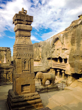 Kailas temple in Ellora caves complex carved into the rock. in India