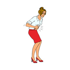 Young woman with stomachache isolated on white background. Colorful hand drawn female character with health problem stands and holds her belly having terrible stomach pain . Vector illustration.