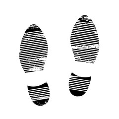 Footprints and shoeprints icons in black and white showing bare feet and the imprint of the soles with the differing patterns of male and female footwear with shoes boots