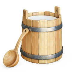 Wooden bucket with milk isolated on white background 3d rendering