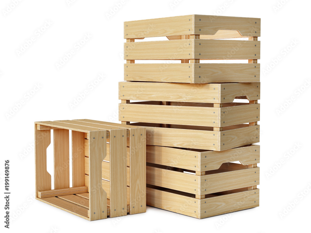 Poster wooden crates stack isolated on white background 3d rendering