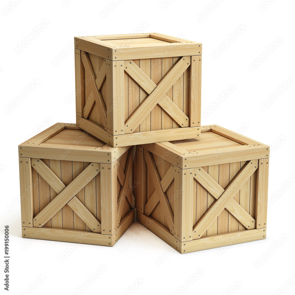 Poster stack of wooden crates, cargo boxes isolated on white background 3d rendering