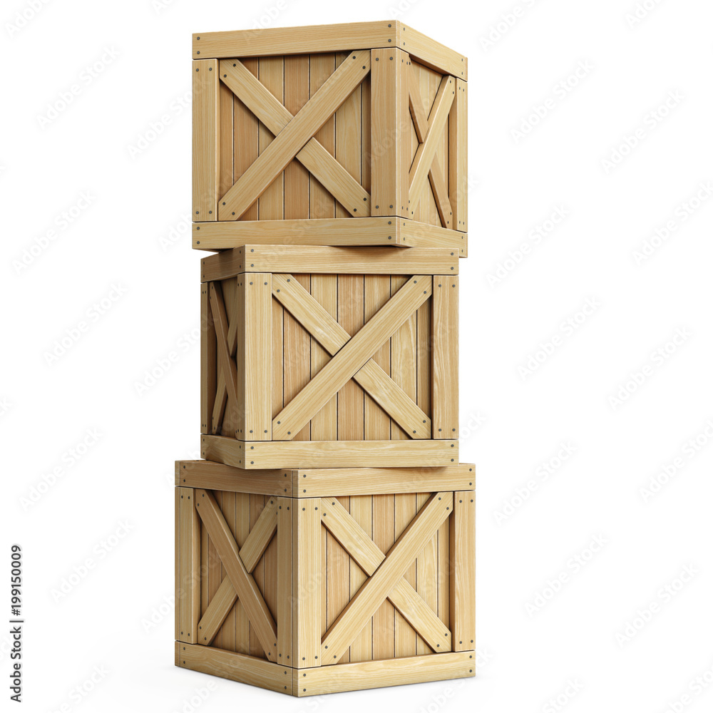 Poster stack of wooden crates, cargo boxes isolated on white background 3d rendering