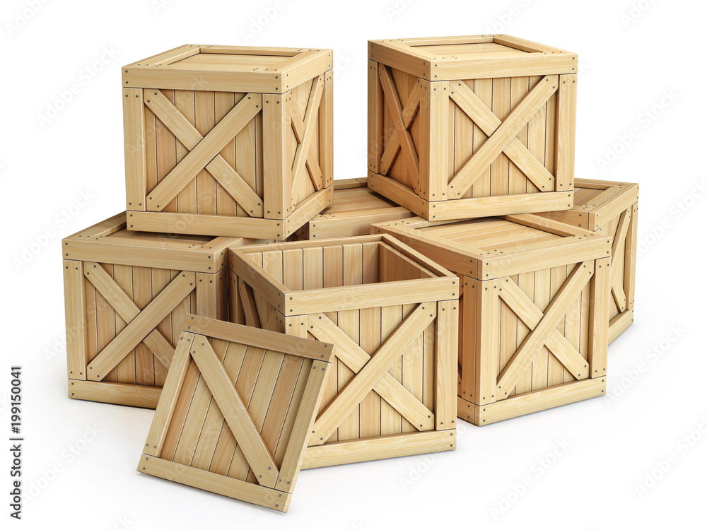 Poster stack of wooden crates, cargo boxes isolated on white background 3d rendering