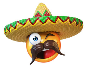 Mexican emoji isolated on white background, emoticon with sombrero and mustache 3d rendering