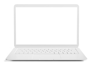 Blank white laptop with copy space isolated on white background 3d rendering - obrazy, fototapety, plakaty