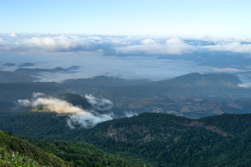 scenic of morning on hill and fog with sun light and cloud