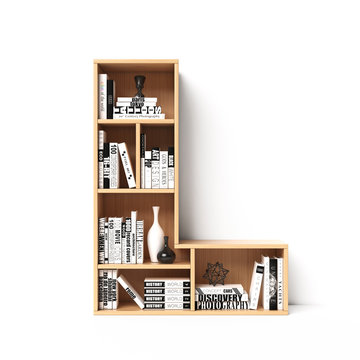 Bookshelves 3d font. Alphabet in the form of book shelves. Mockup font.  Letter L 3d rendering