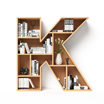 Bookshelves 3d font. Alphabet in the form of book shelves. Mockup font.  Letter K 3d rendering