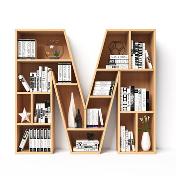 Bookshelves 3d font. Alphabet in the form of book shelves. Mockup font.  Letter M 3d rendering
