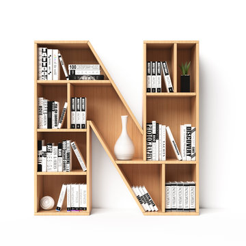 Bookshelves 3d font. Alphabet in the form of book shelves. Mockup font.  Letter N 3d rendering