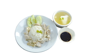 steamed rice topping boiled chicken with sauce and soup