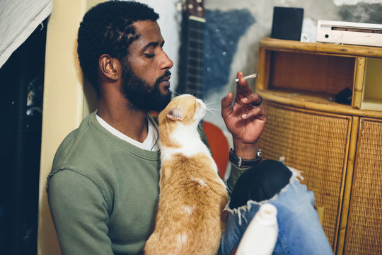 Man with black beard and dark skin sitting at home with white-orange funny cat and smoke