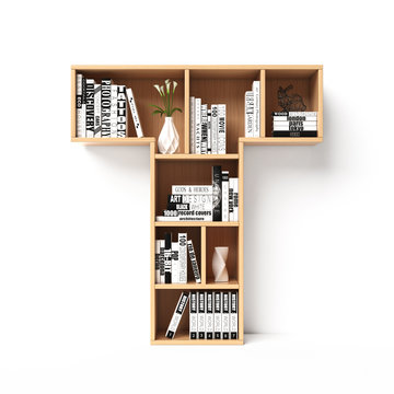 Bookshelves 3d font. Alphabet in the form of book shelves. Mockup font.  Letter T 3d rendering