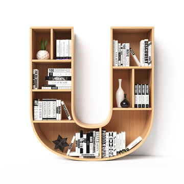 Bookshelves 3d font. Alphabet in the form of book shelves. Mockup font.  Letter U 3d rendering