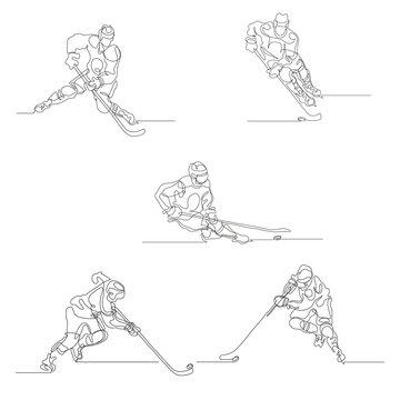 Continuous line drawing. Set of hockey player in attack. Ice Hockey. Vector illustration