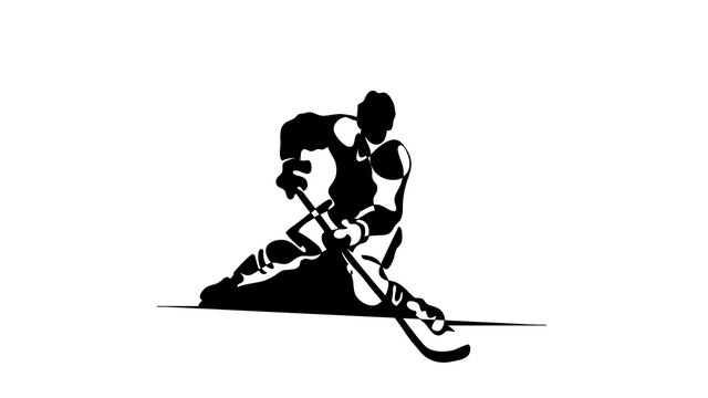 Continuous line drawing. Black and white illustration shows hockey player in attack. Ice Hockey. Vector illustration