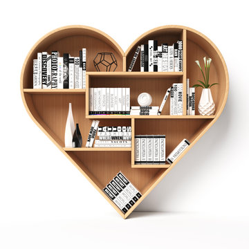 Heart shaped bookshelves, book shelf in the form of heart, love reading concept, 3d rendering