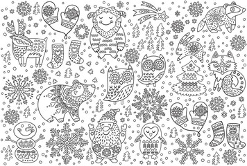 Winter print of decorative fancy animals in the snow. Contour vector illustration ideal for coloring print