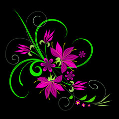 Obraz na płótnie Canvas Flower print with decorative colors of fuchsia and green leaves on a black background, beautiful drawing for a woman's scarf, clothes, textiles.