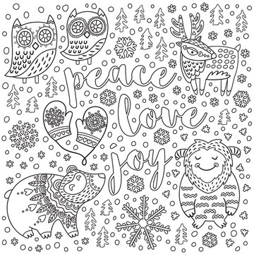Peace, love, joy. Ink Christmas card with text and decorative fancy animals in the snow. Contour vector illustration