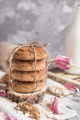 Delicious oatmeal cookies with milk on the light concrete background.