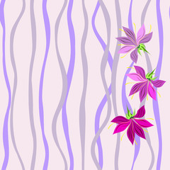 Vector seamless floral pattern. Pink decorative flowers on an abstract wavy background in purple tones.