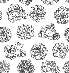 Lovely kawaii succulents and cats seamless pattern in outline. Black and white trendy tropical surface design
