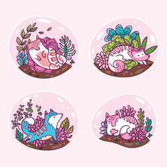 Glass terrariums with cute cats and garden in cartoon style. Trendy botanical stickers.