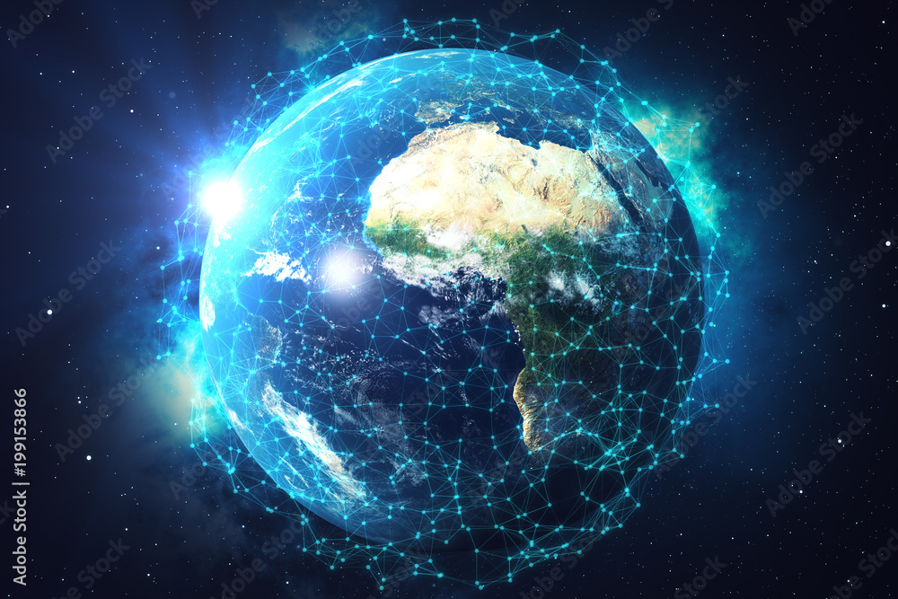 Poster 3d rendering network and data exchange over planet earth in space. connection lines around earth glo