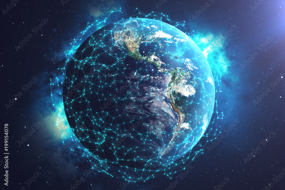 Poster 3d rendering network and data exchange over planet earth in space. connection lines around earth glo