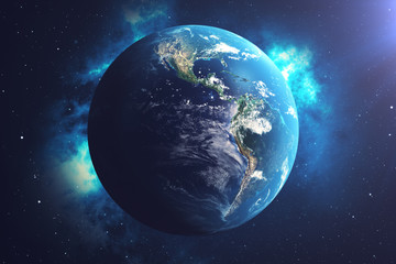 3D-Rendering-Weltkugel aus dem Weltraum in einem Sternenfeld, das Nachthimmel mit Sternen und Nebel zeigt. Blick auf die Erde aus dem Weltraum. Elemente dieses von der NASA bereitgestellten Bildes.