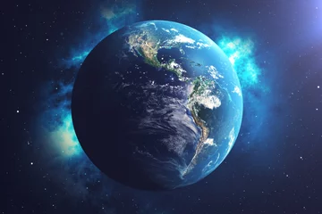 Foto auf Acrylglas Vollmond und Bäume 3D-Rendering-Weltkugel aus dem Weltraum in einem Sternenfeld, das Nachthimmel mit Sternen und Nebel zeigt. Blick auf die Erde aus dem Weltraum. Elemente dieses von der NASA bereitgestellten Bildes.