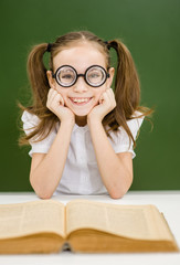 Happy little girl nerd student with open book looking at camera on the background of a school board