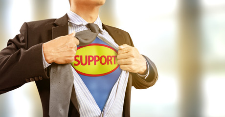 businessman in superhero costume in help and support , client service