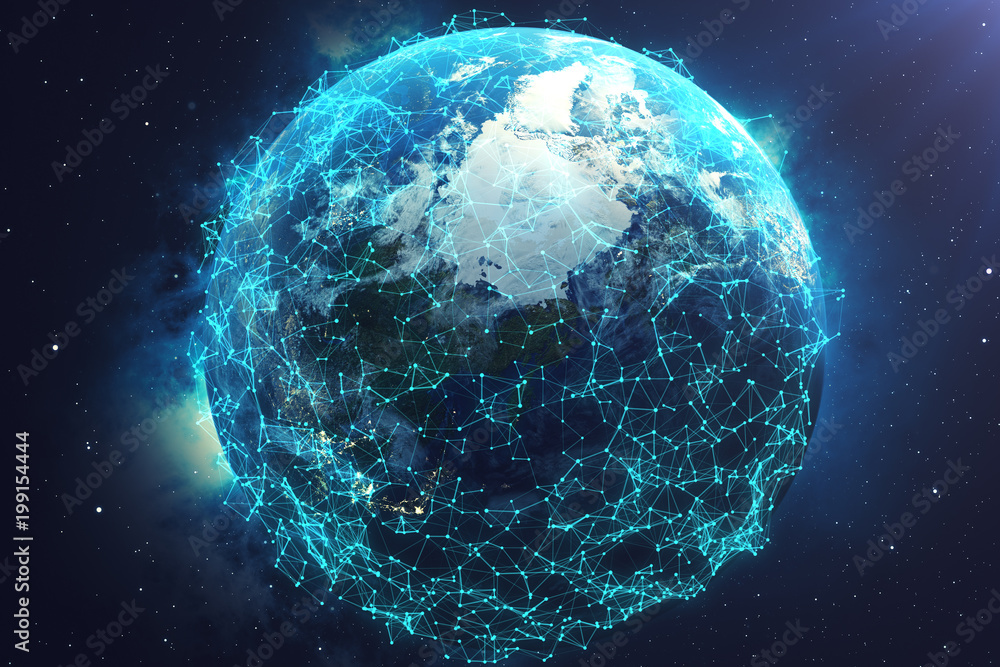 Poster 3d rendering network and data exchange over planet earth in space. connection lines around earth glo