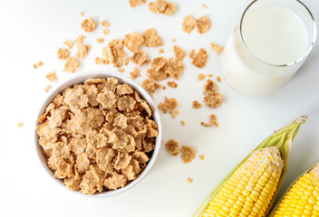 Healthy Corn Flakes with milk for Breakfast on table, food and drink