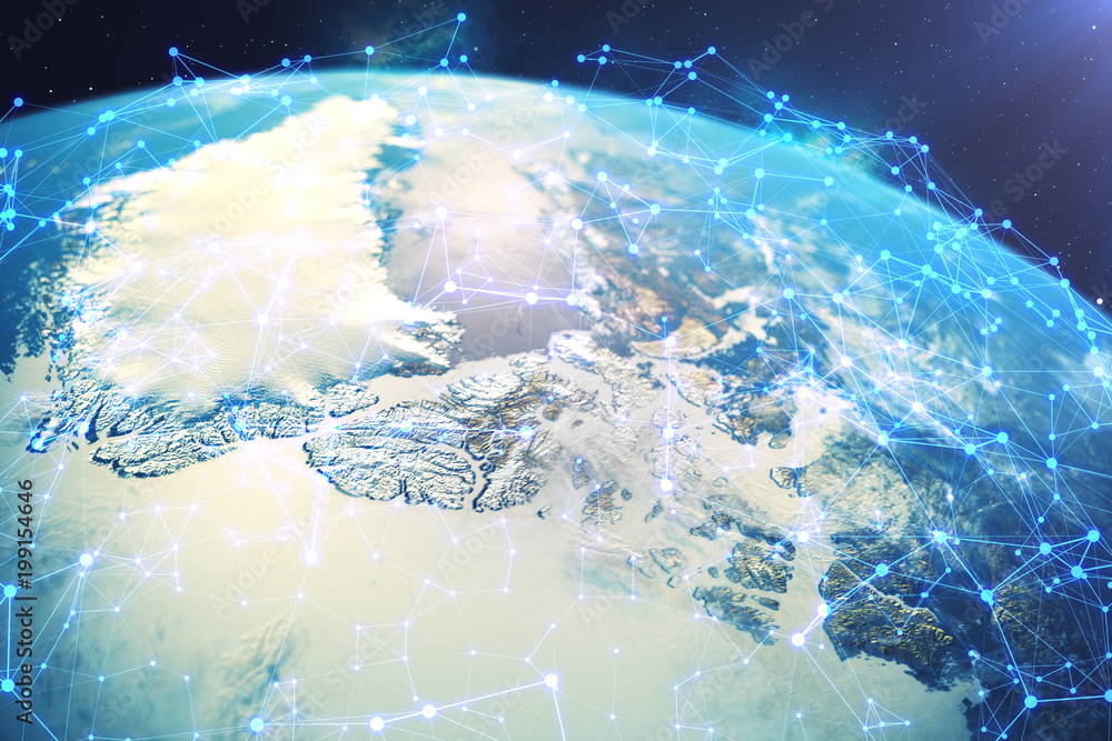 Poster 3d rendering network and data exchange over planet earth in space. connection lines around earth glo