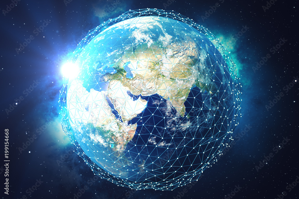 Poster 3d rendering network and data exchange over planet earth in space. connection lines around earth glo