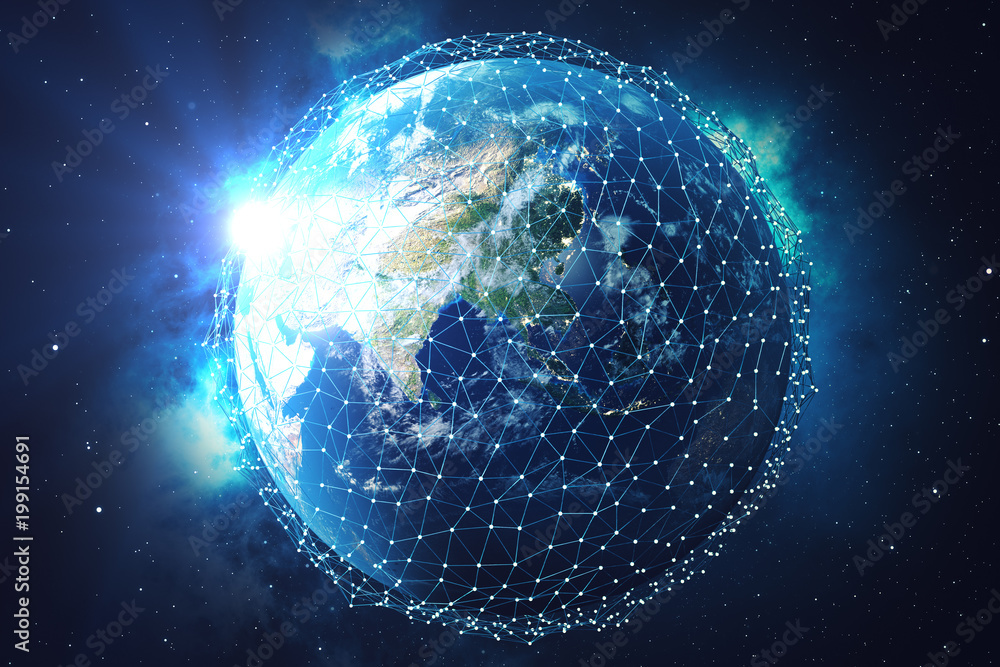 Poster 3d rendering network and data exchange over planet earth in space. connection lines around earth glo